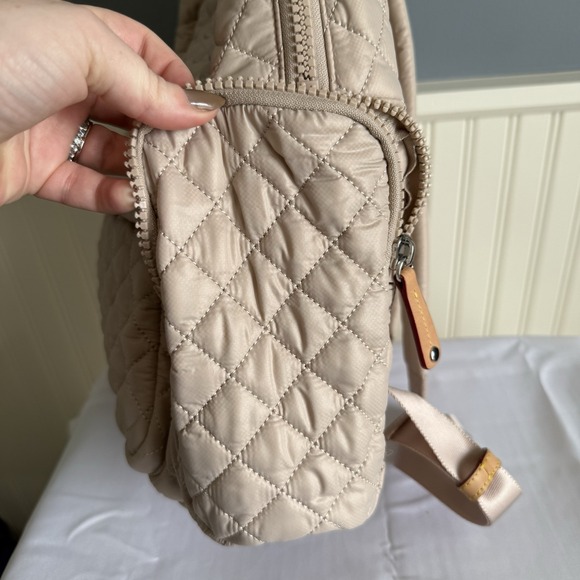 MZ Wallace Pocket Metro Quilted Nylon Backpack Diaper Laptop Work Bag Beige Tan - Picture 6 of 16